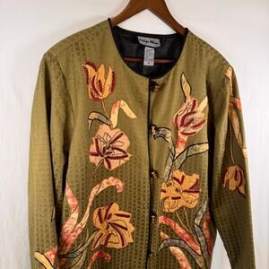 Indigo Moon Women’s 1X Floral Patchwork Embroidered Jacket Green Artwear Boho